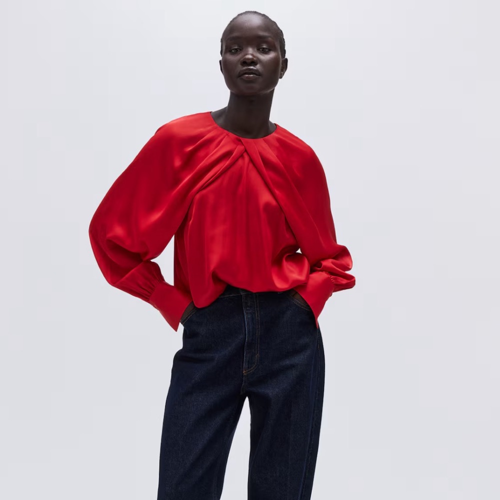 NWT Red Balloon-Sleeved Satin Blouse (XS)